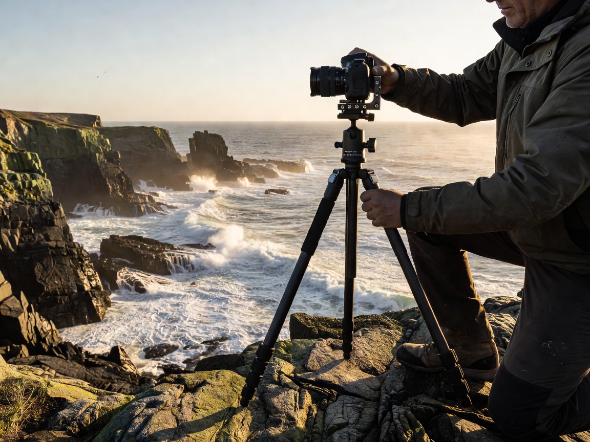 Photographer adjusting a ball head and L-bracket on a tripod overlooking a rocky coastline