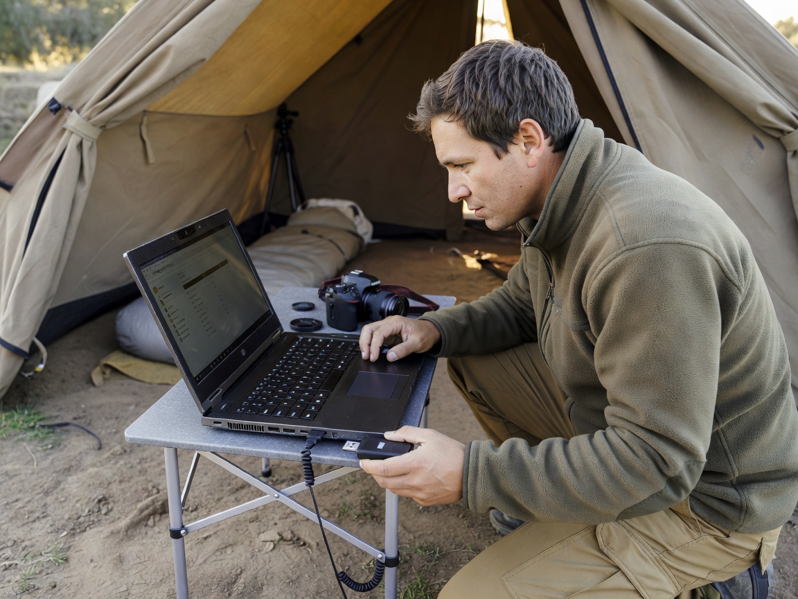 Photographer copying files from a card reader to a laptop inside a field tent