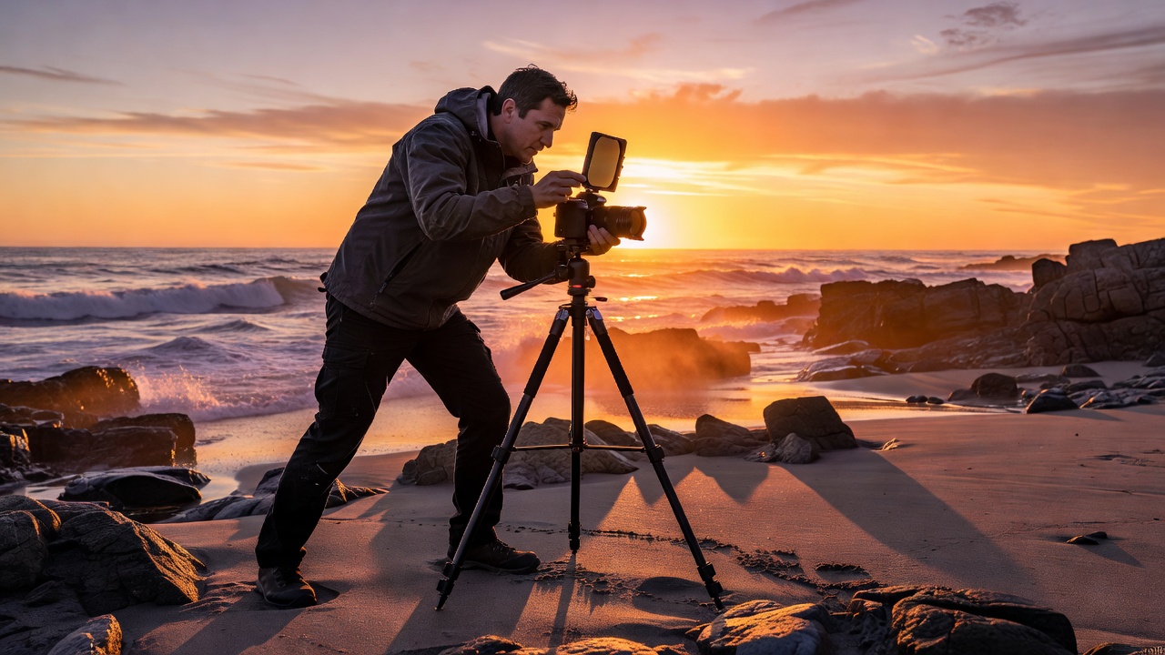 Photographer sliding a square neutral density filter into a holder on a tripod-mounted camera at a coastline at sunset
