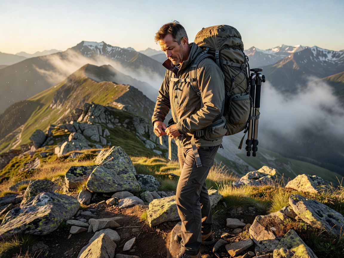 Photographer tightening the hip belt of a camera backpack on an alpine ridge with a tripod strapped to the side