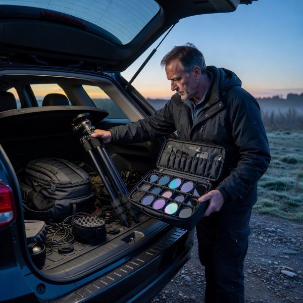 Photographer packing a filter case and tripod into a car boot before a sunrise shoot