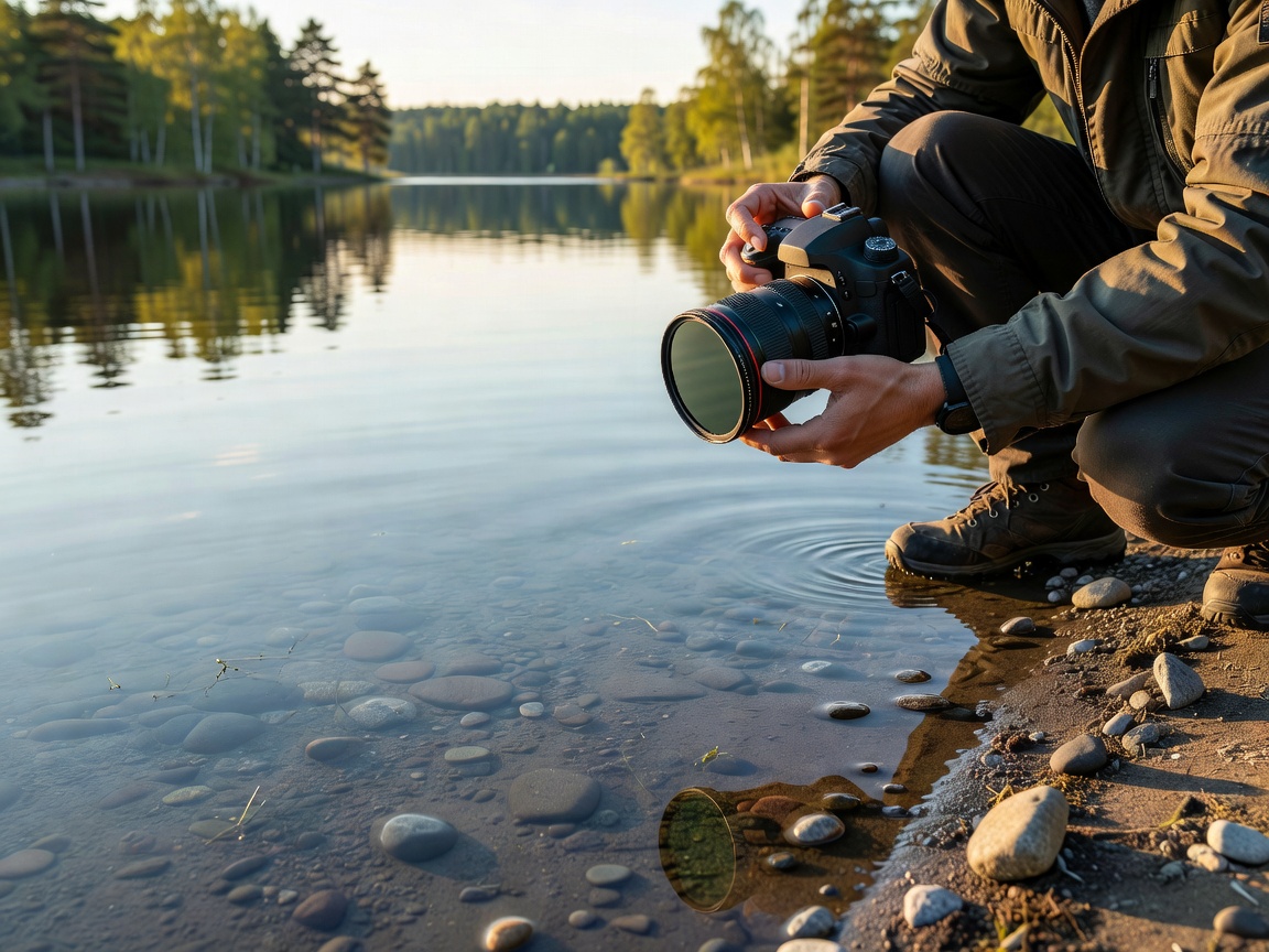Photographer rotating a circular polarising filter on a lens to cut reflections on a calm lake