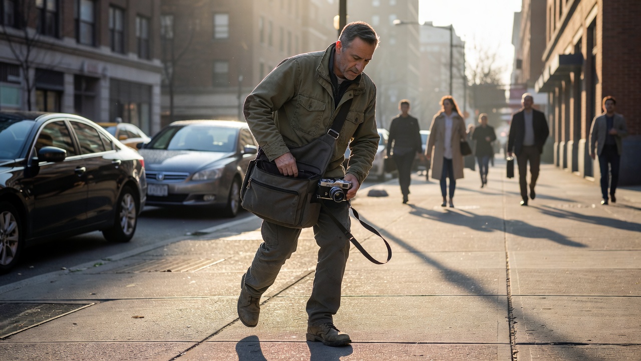Street photographer pulling a camera from a sling bag on a sunlit city pavement in the morning