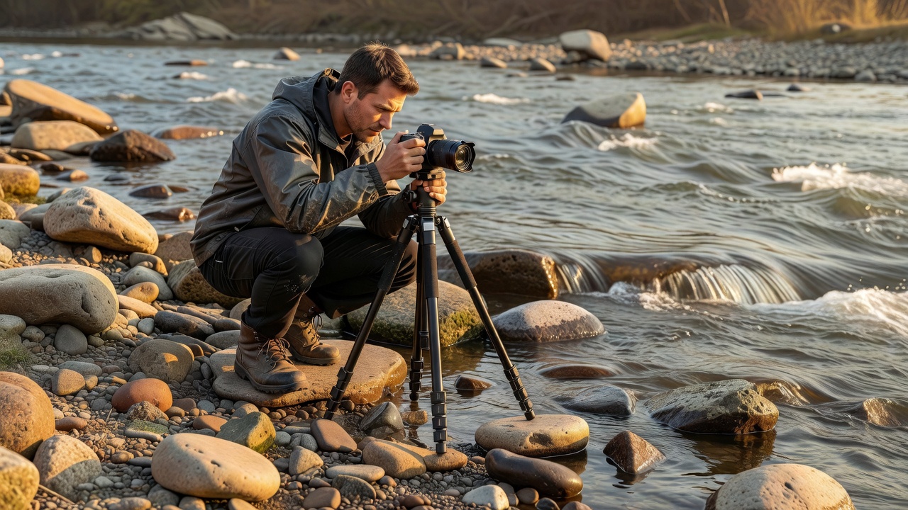 Photographer setting a tripod low among river stones to frame a long exposure of flowing water