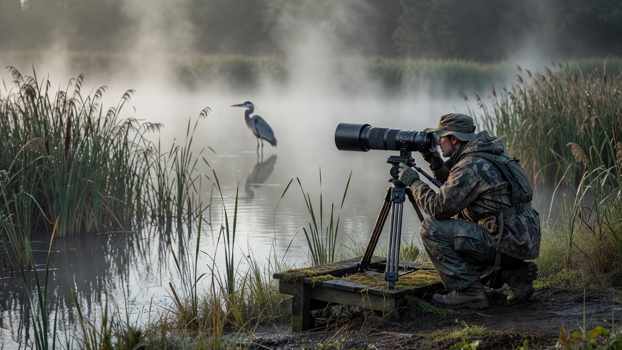 Wildlife photographer shooting a burst with a telephoto lens from the edge of a misty wetland