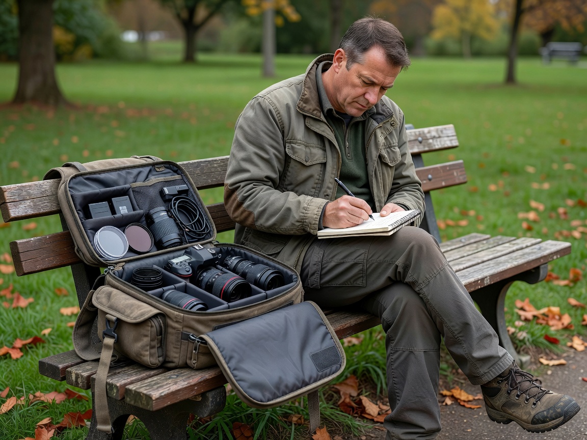 Photographer writing kit notes on a bench beside an open camera bag