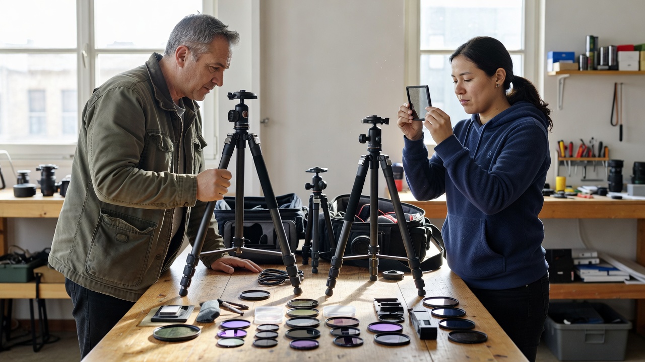 Two photographers reviewing tripods, bags and filters laid out on a workshop table in daylight